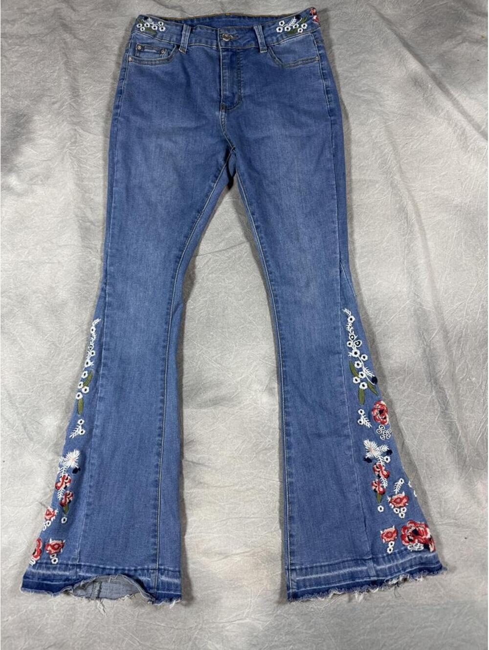 Anna-Kaci Floral Embroidered Flare Jeans Boho Bell Bottom, 26 waist, boho